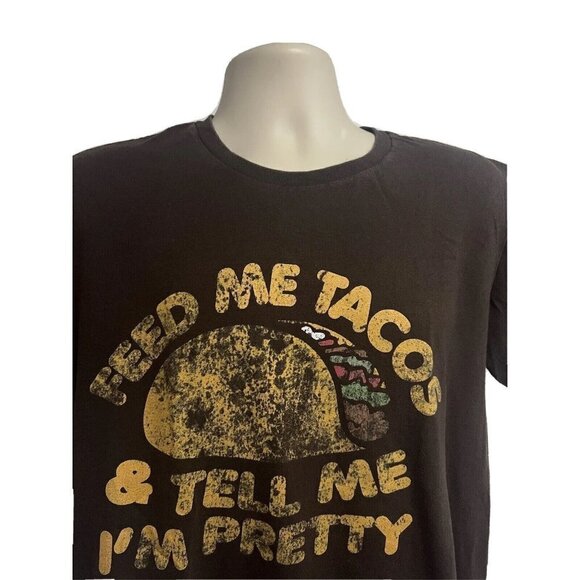 Womens Brown Graphic T-Shirt Large Cotton Stretch Novelty Funny Feed Me Tacos - Picture 4 of 7